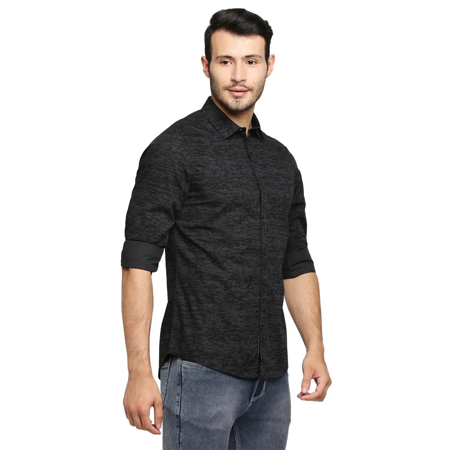 Black Slim Straight Fit Regular Collar Long Sleeves Cotton Men's Shirt by Being Human Clothing - Image 3