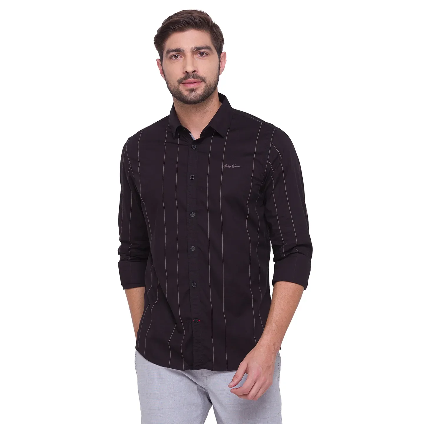 Black Slim Straight Fit Regular Collar Long Sleeves Cotton Men's Shirt by Being Human Clothing
