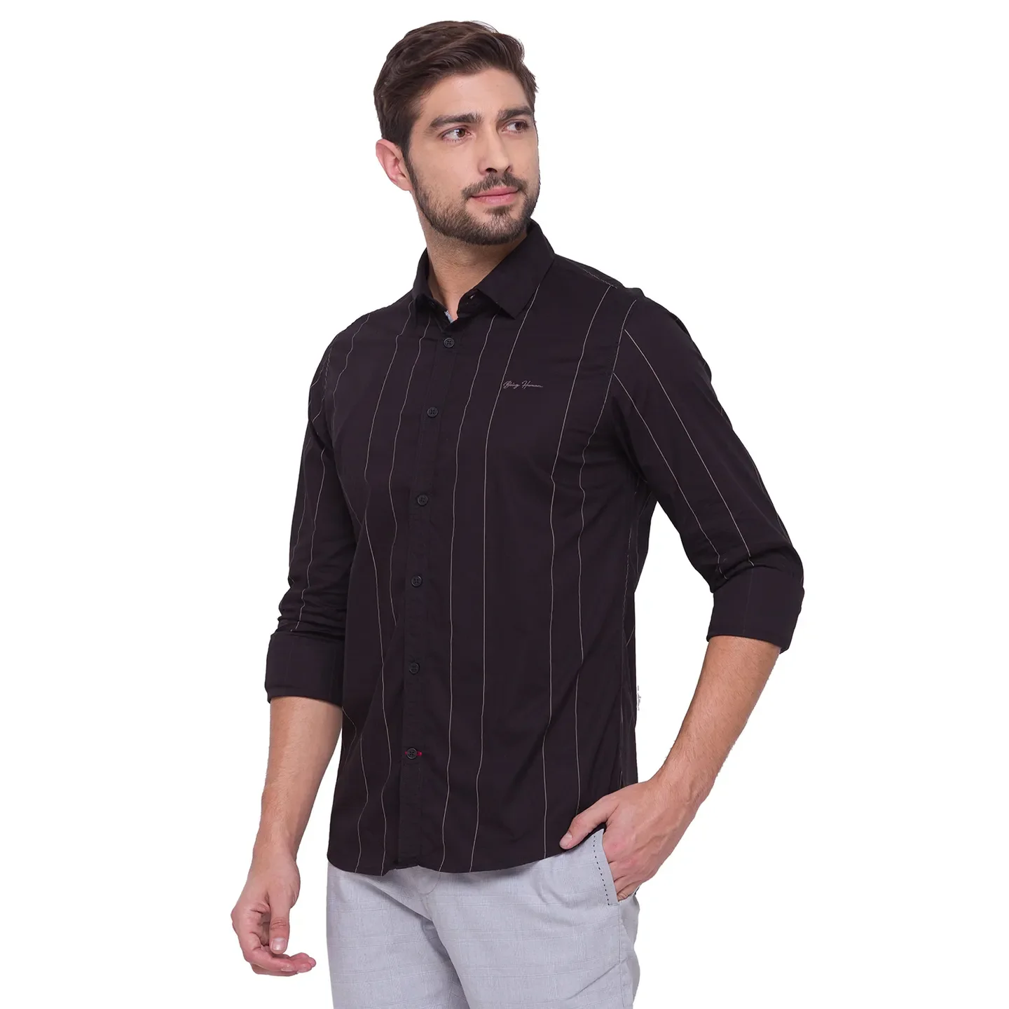 Black Slim Straight Fit Regular Collar Long Sleeves Cotton Men's Shirt by Being Human Clothing - Image 2