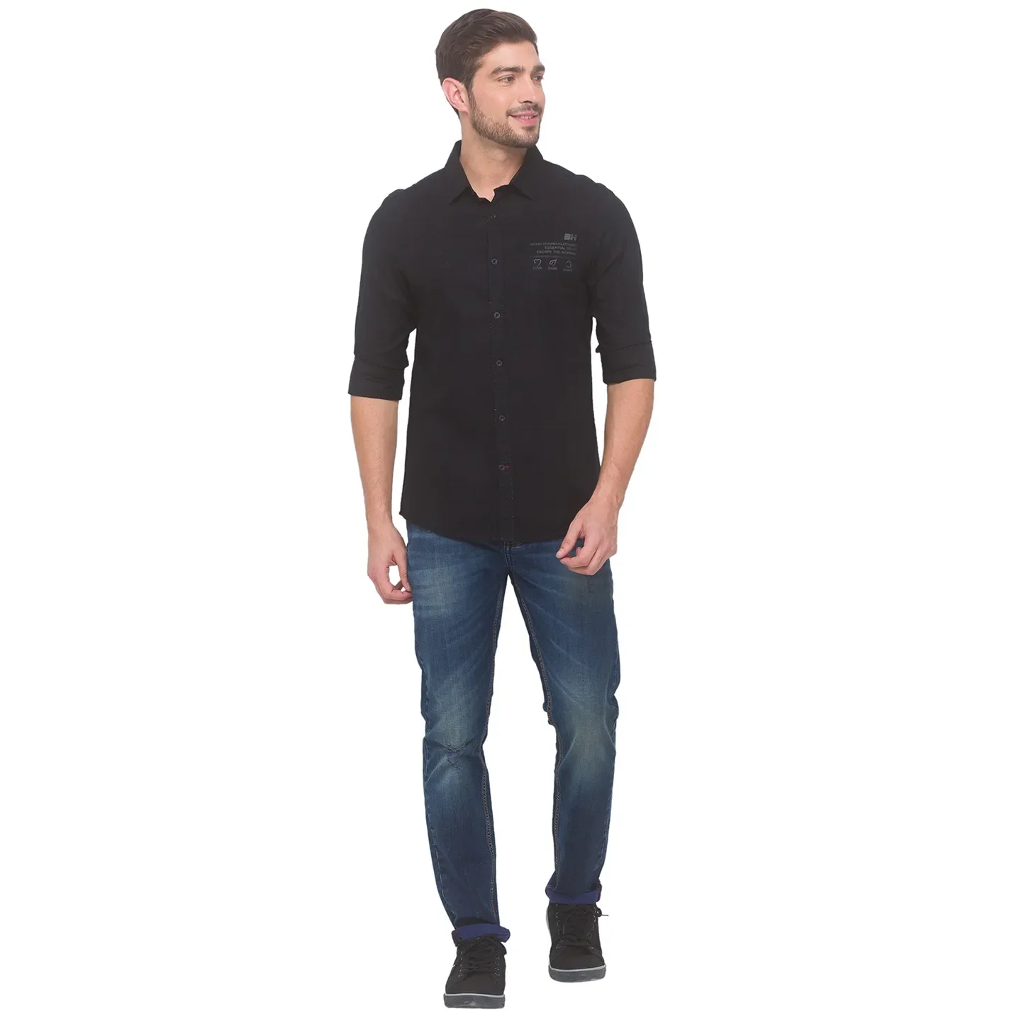Black Slim Straight Fit Regular Collar Long Sleeves Cotton Men's Shirt by Being Human Clothing - Image 5