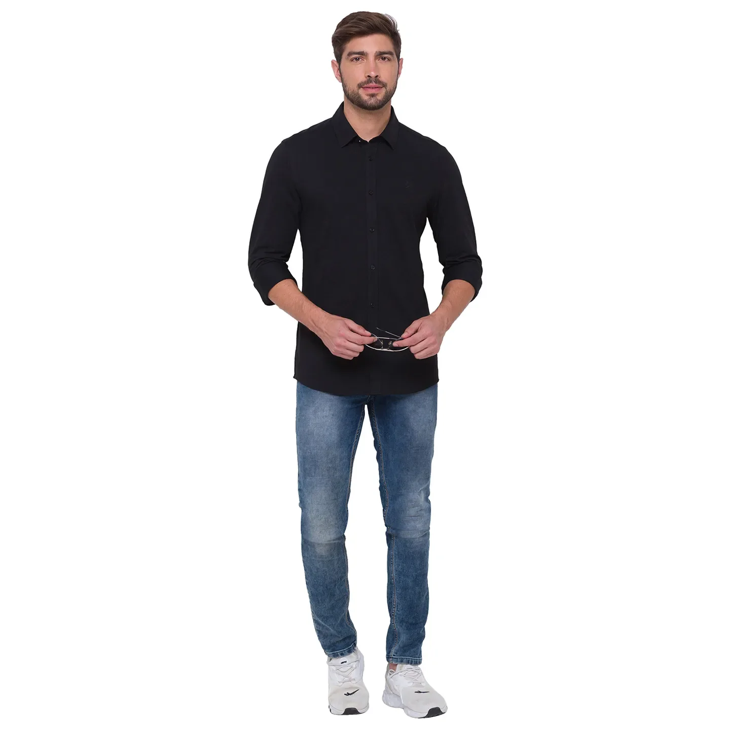 Black Slim Straight Fit Regular Collar Long Sleeves Cotton Men's Shirt by Being Human Clothing