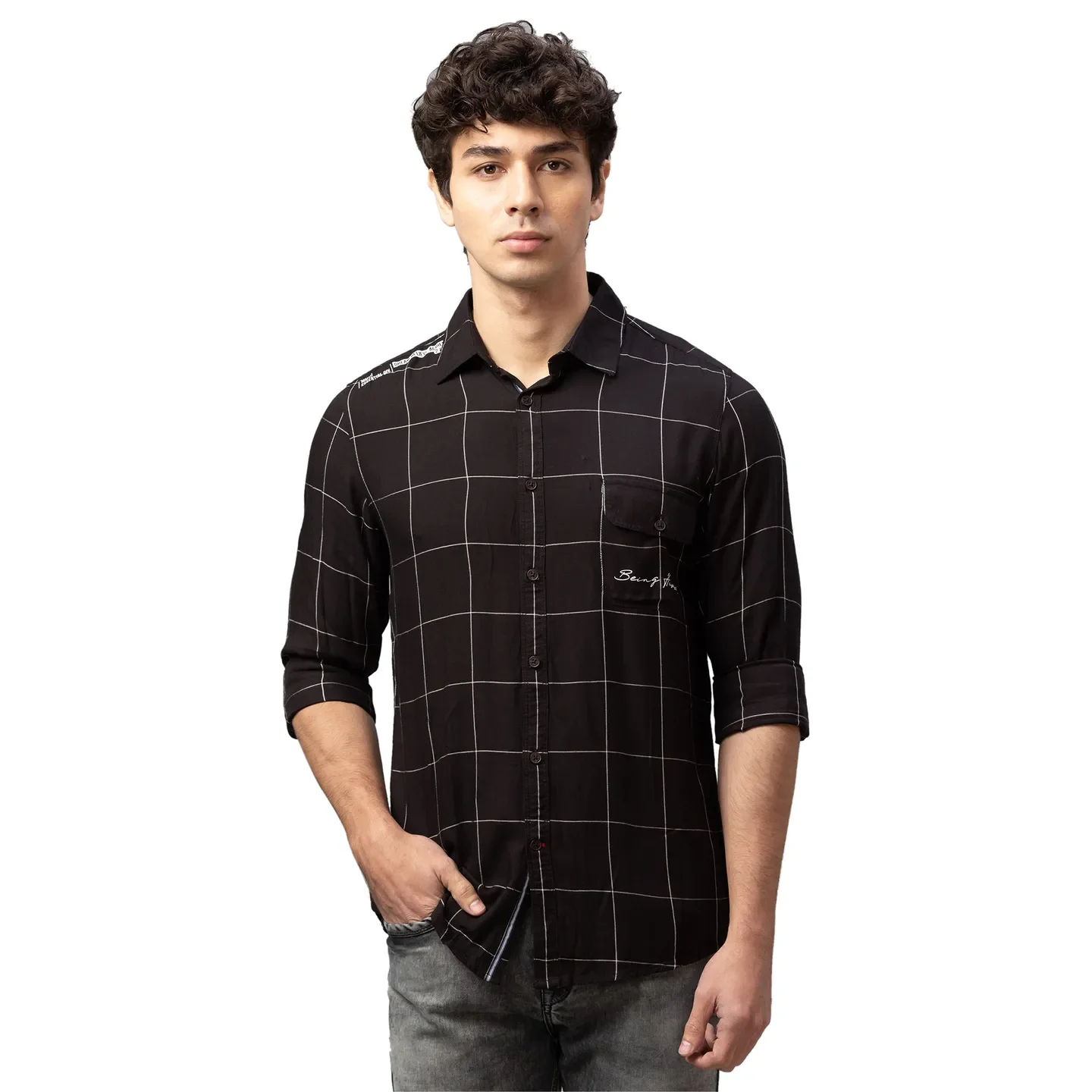 Black Slim Straight Fit Regular Collar Long Sleeves Others Men's Shirt by Being Human Clothing