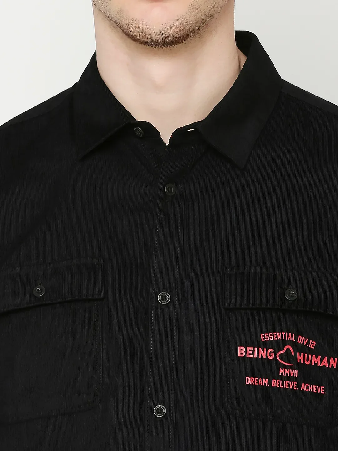 Black Slim Straight Fit Regular Collar Long Sleeves Cotton Men's Shirt by Being Human Clothing - Image 5