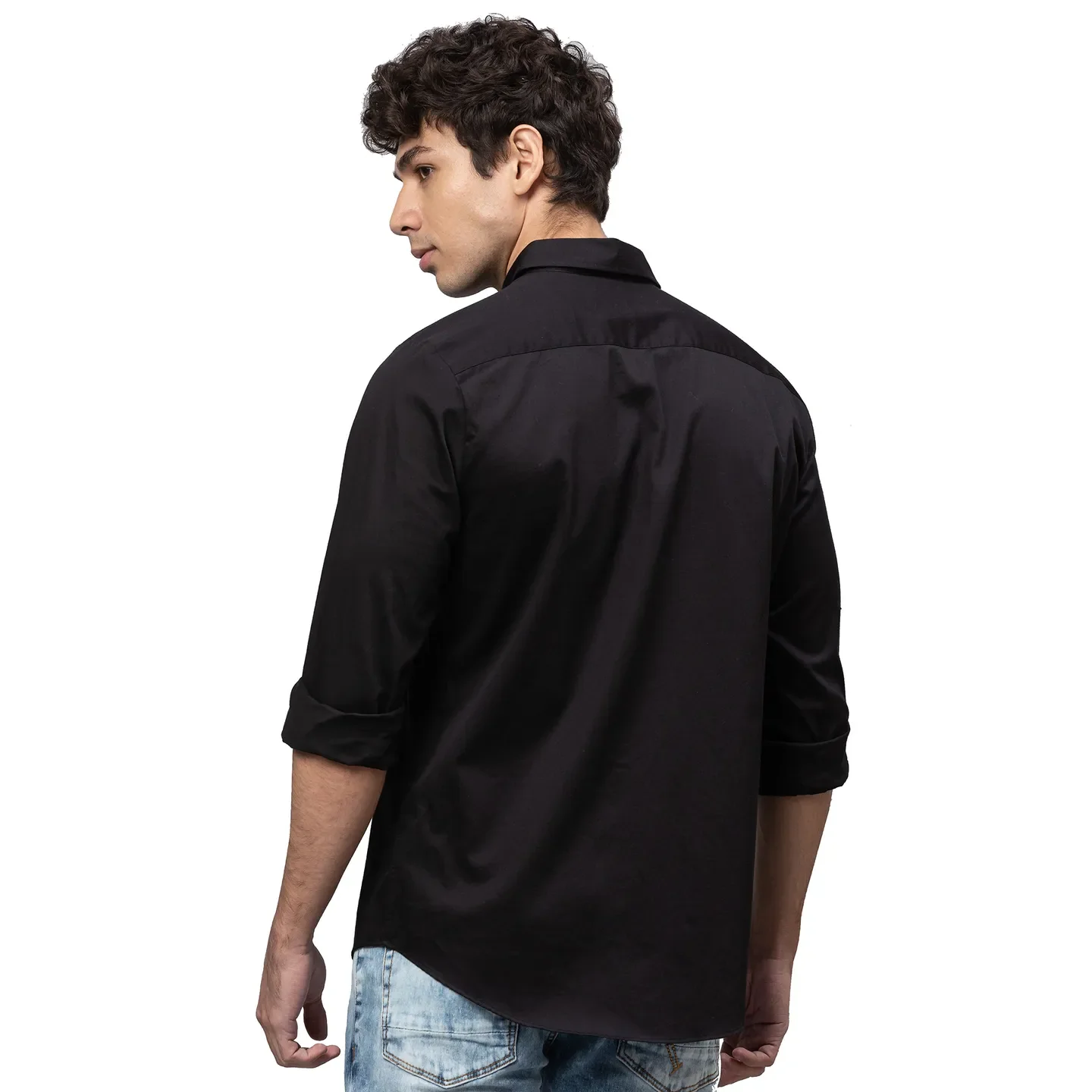 Black Slim Straight Fit Regular Collar Long Sleeves Cotton Men's Shirt by Being Human Clothing - Image 3