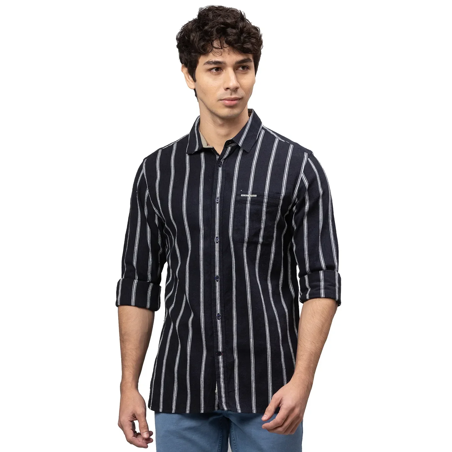 Black Slim Straight Fit Regular Collar Long Sleeves Cotton Men's Shirt by Being Human Clothing