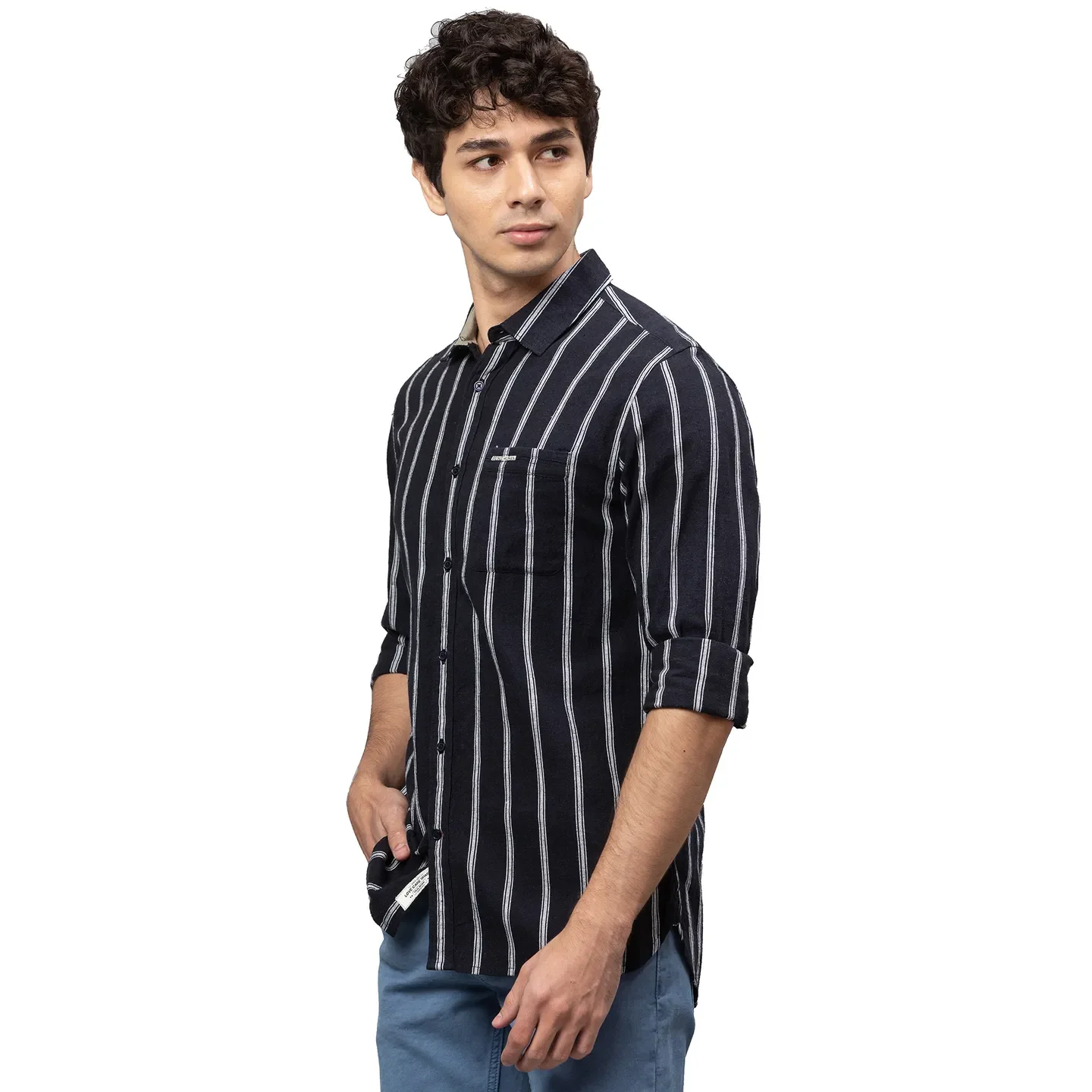 Black Slim Straight Fit Regular Collar Long Sleeves Cotton Men's Shirt by Being Human Clothing - Image 4