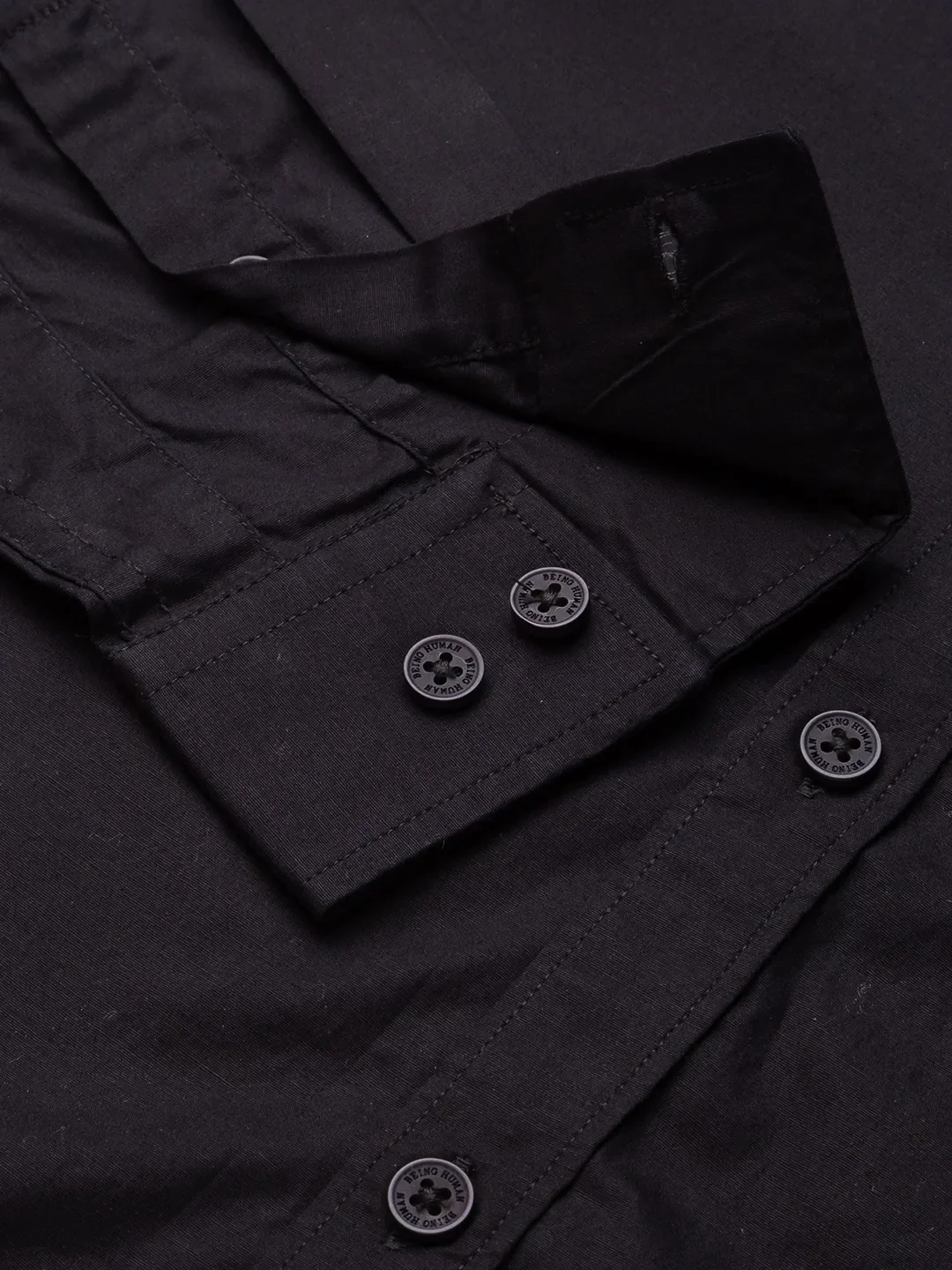 Black Skinny Straight Fit Mandarin Collar Long Sleeves Cotton Men's Shirt by Being Human Clothing