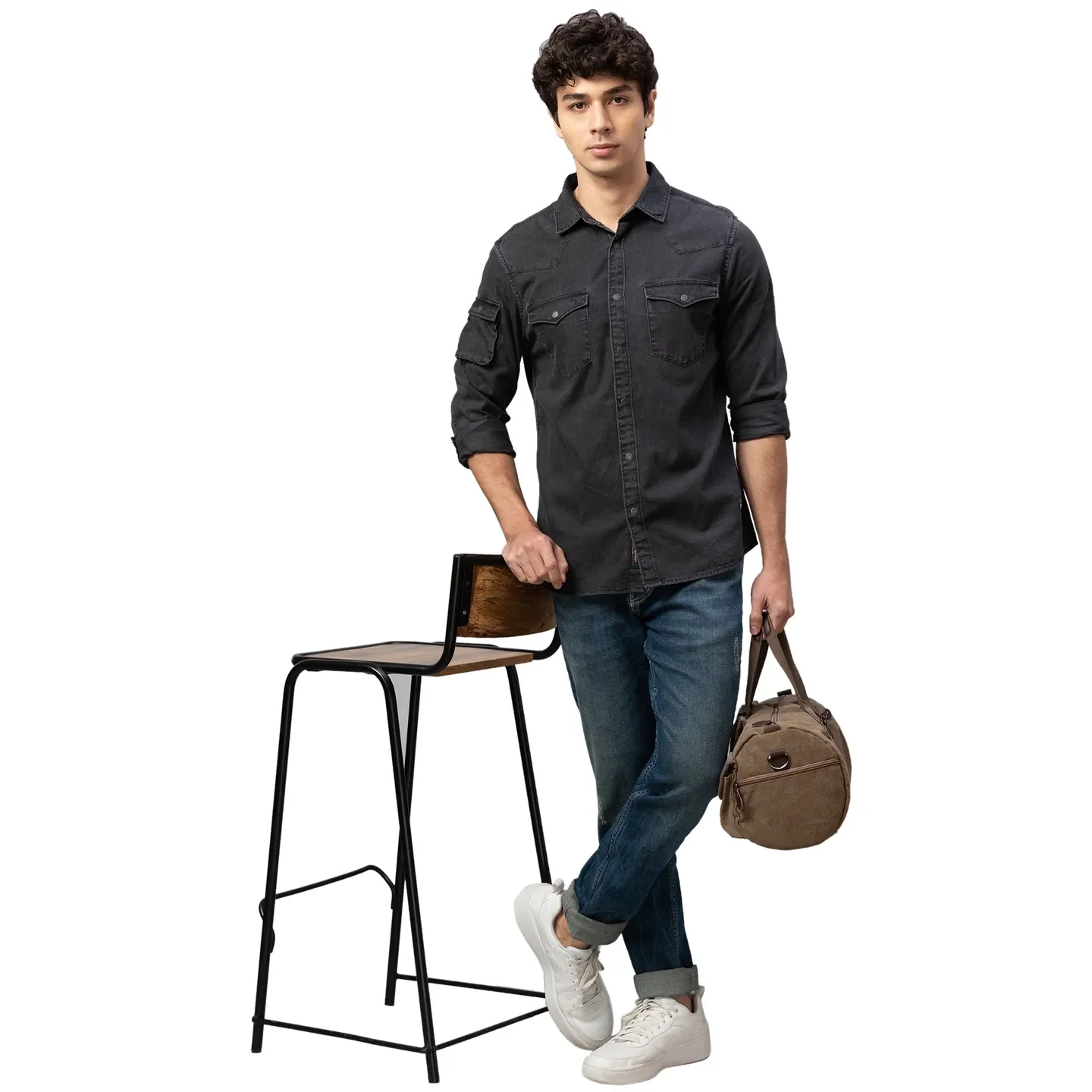 Black Slim Straight Fit Regular Collar Long Sleeves Cotton Men's Shirt by Being Human Clothing - Image 4