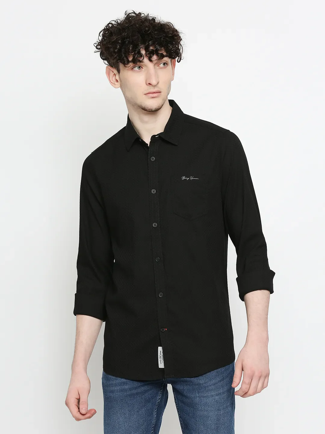 Black Slim Straight Fit Regular Collar Long Sleeves Cotton Men's Shirt by Being Human Clothing