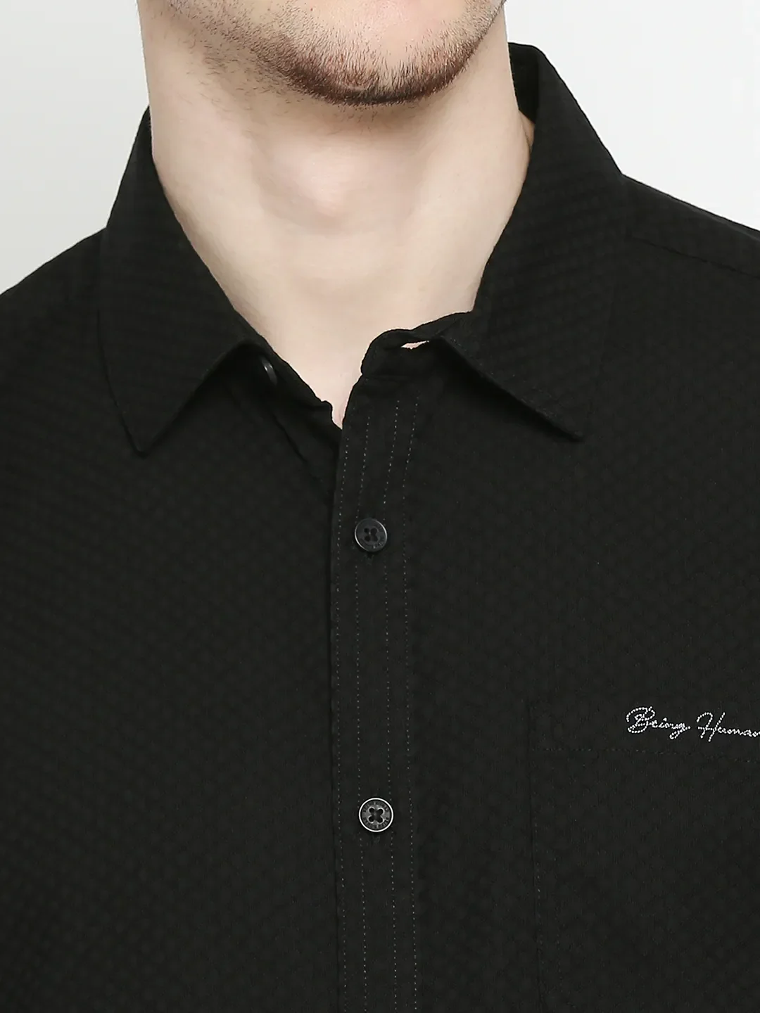 Black Slim Straight Fit Regular Collar Long Sleeves Cotton Men's Shirt by Being Human Clothing - Image 5