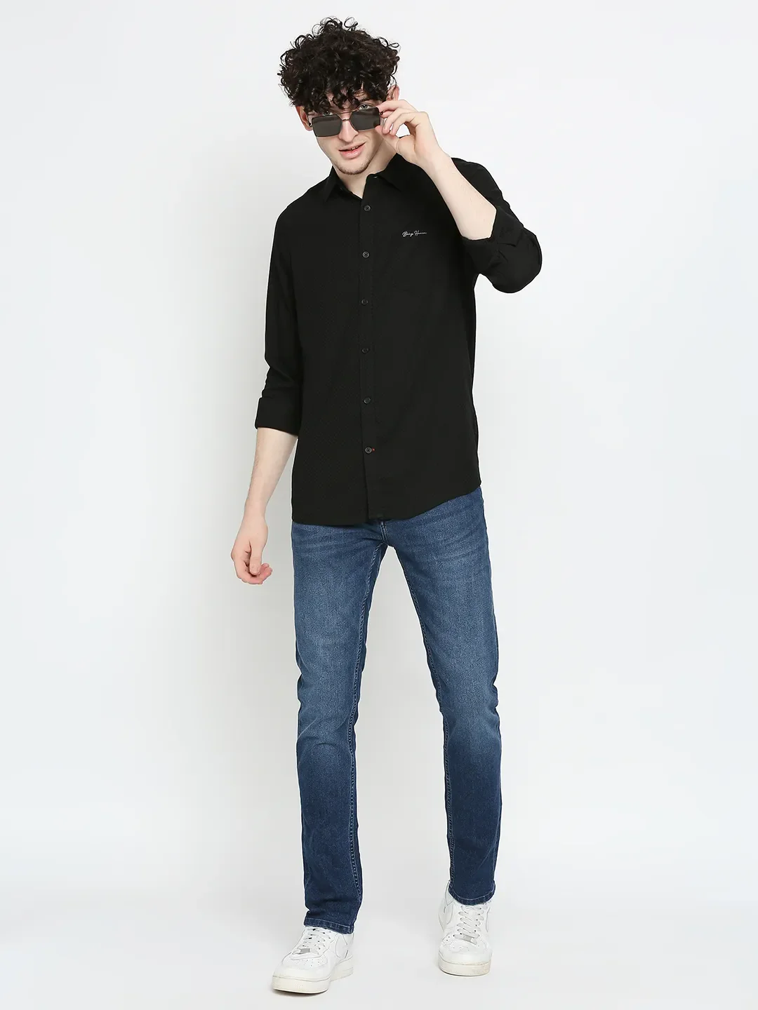 Black Slim Straight Fit Regular Collar Long Sleeves Cotton Men's Shirt by Being Human Clothing - Image 6