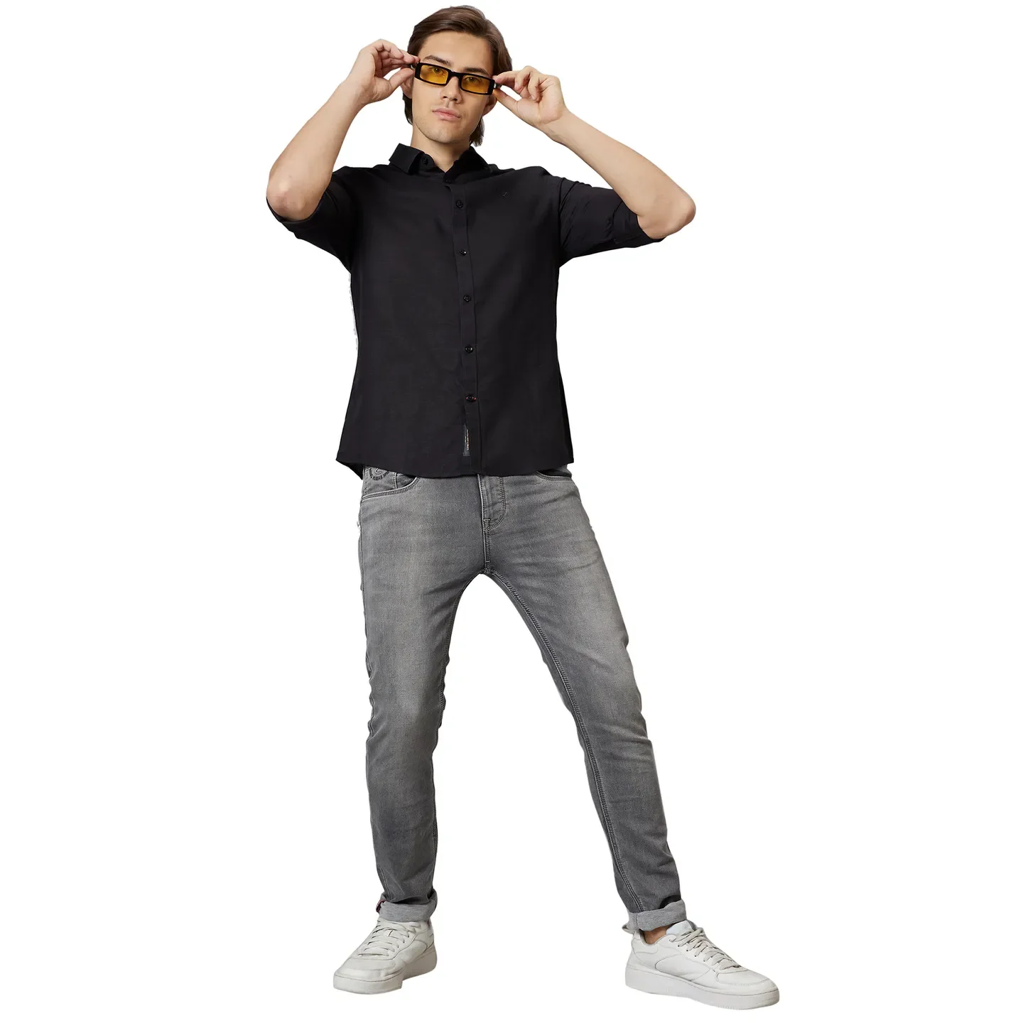 Black Slim Straight Fit Regular Collar Long Sleeves Cotton Men's Shirt by Being Human Clothing - Image 5