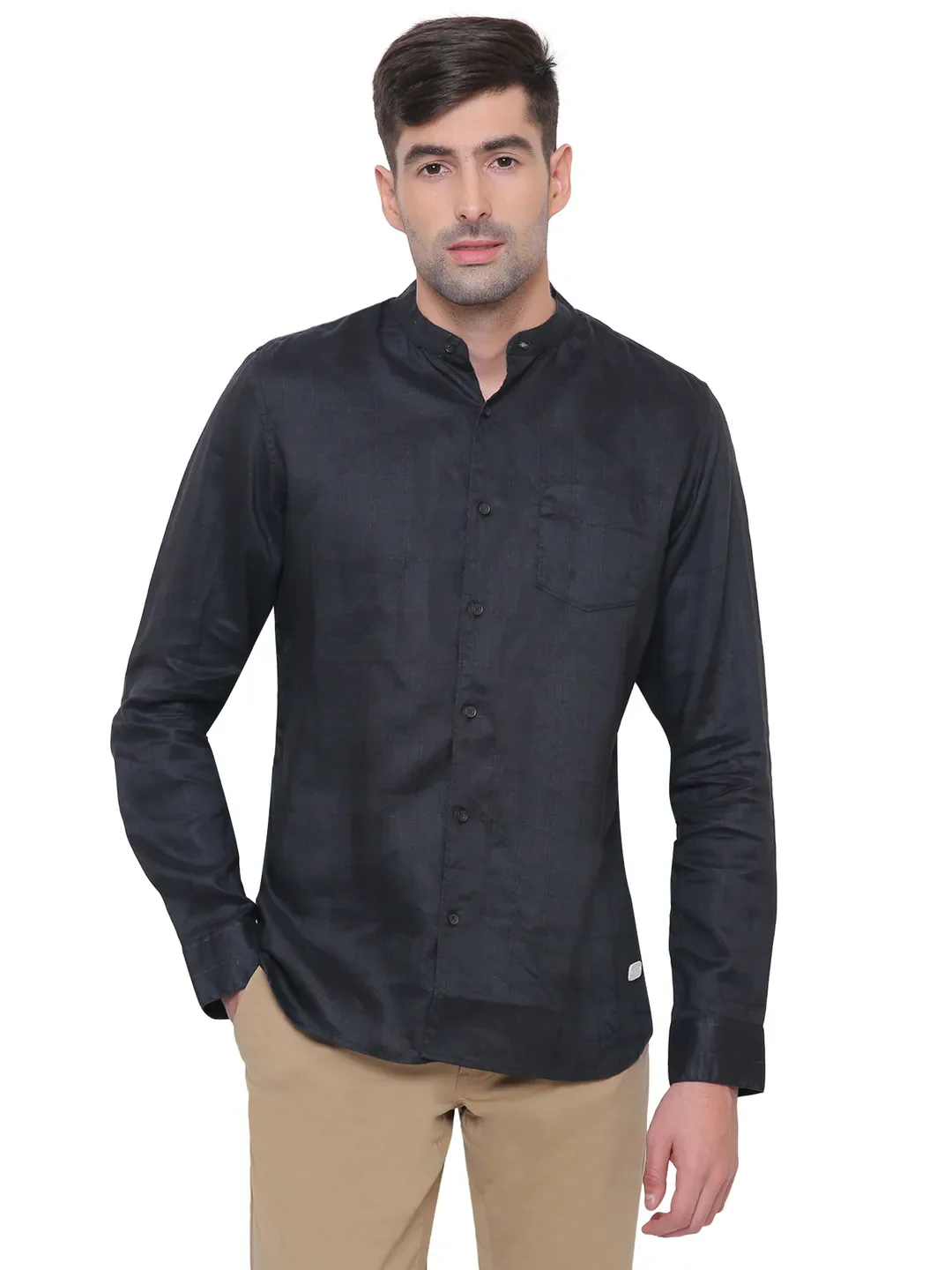 Black Regular Fit Mandarin Collar Long Sleeves Linen Men's Shirt by Being Human Clothing