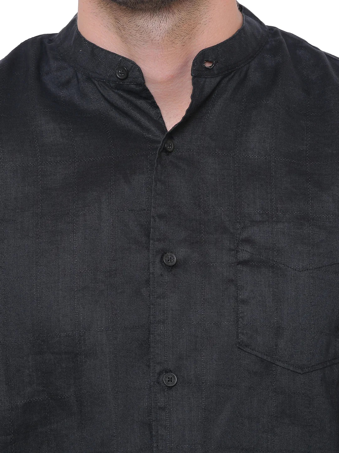 Black Regular Fit Mandarin Collar Long Sleeves Linen Men's Shirt by Being Human Clothing - Image 5