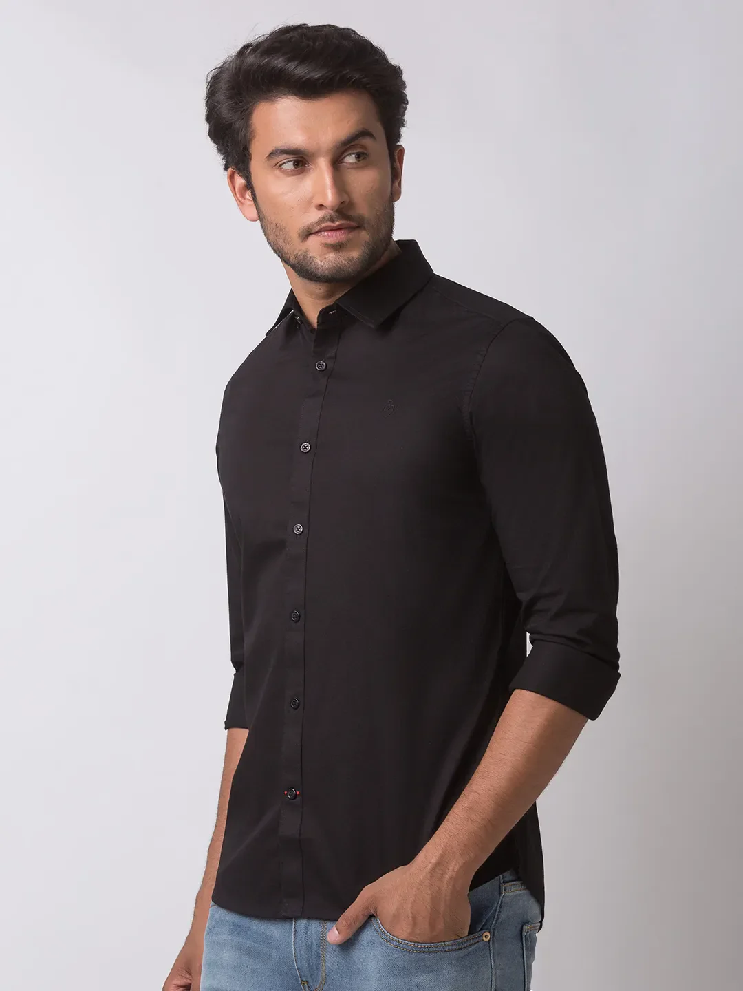 Black Slim Straight Fit Regular Collar Long Sleeves Cotton Men's Shirt by Being Human Clothing - Image 2
