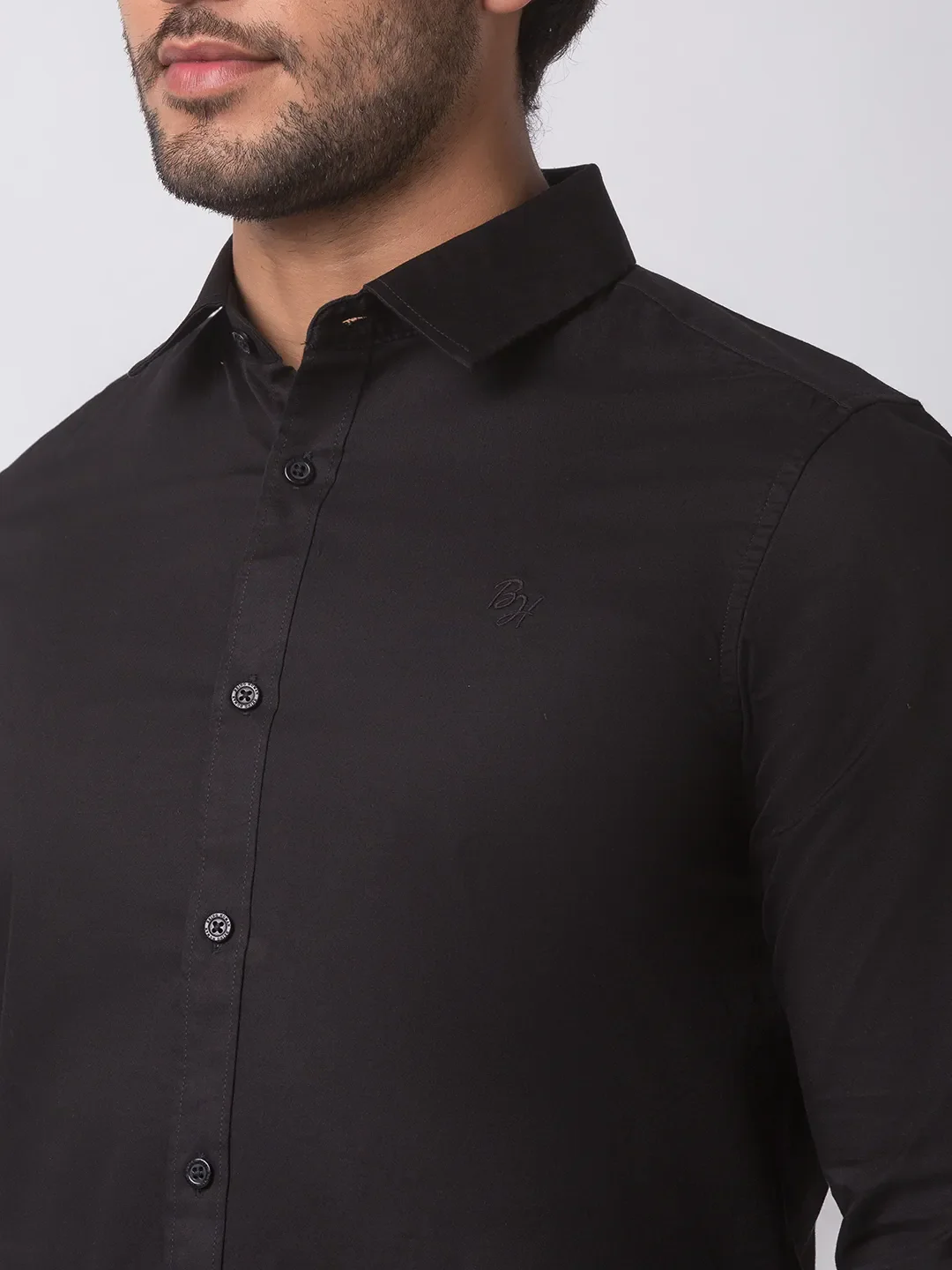 Black Slim Straight Fit Regular Collar Long Sleeves Cotton Men's Shirt by Being Human Clothing - Image 3