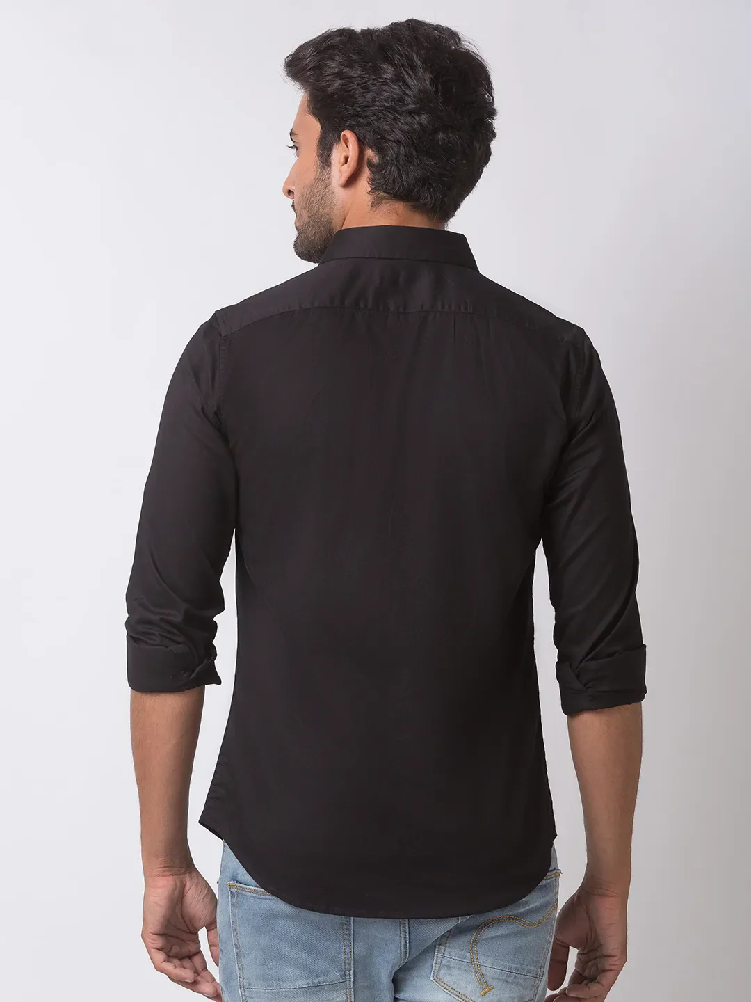 Black Slim Straight Fit Regular Collar Long Sleeves Cotton Men's Shirt by Being Human Clothing - Image 4