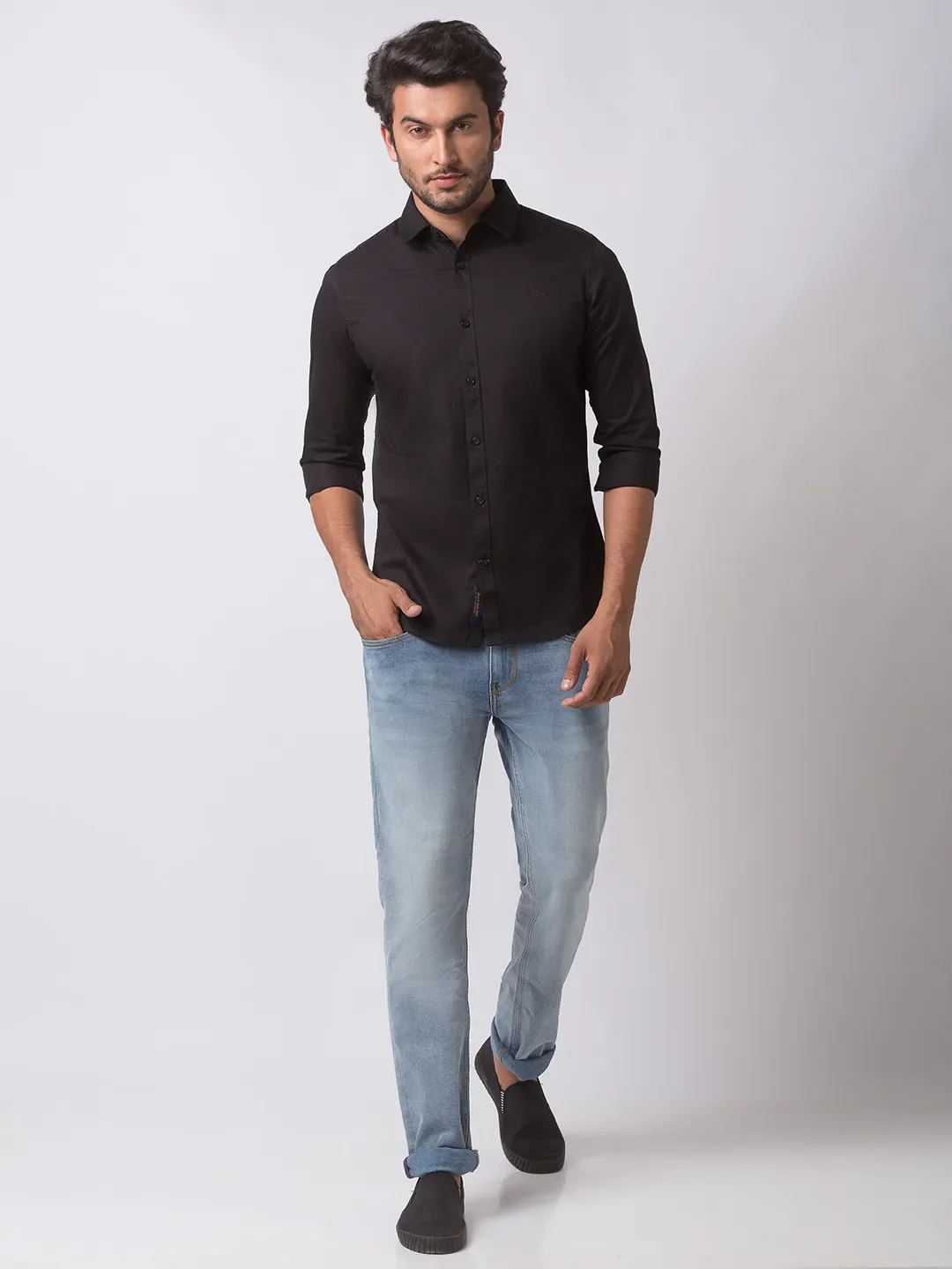 Black Slim Straight Fit Regular Collar Long Sleeves Cotton Men's Shirt by Being Human Clothing - Image 5