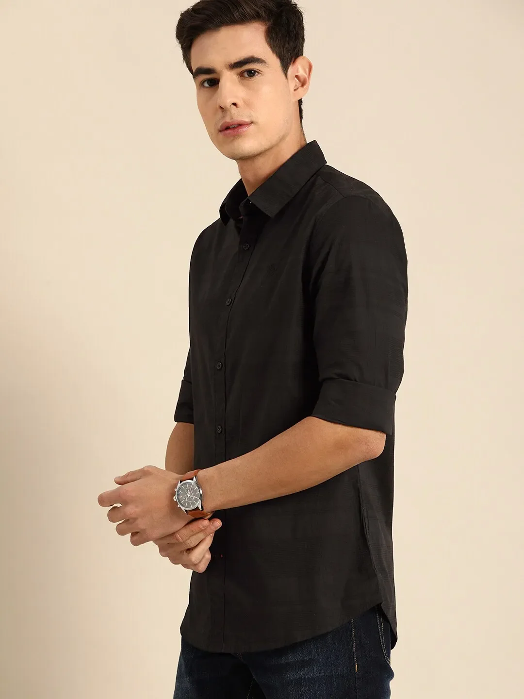 Black Slim Straight Fit Regular Collar Long Sleeves Men's Shirt by Being Human Clothing - Image 2