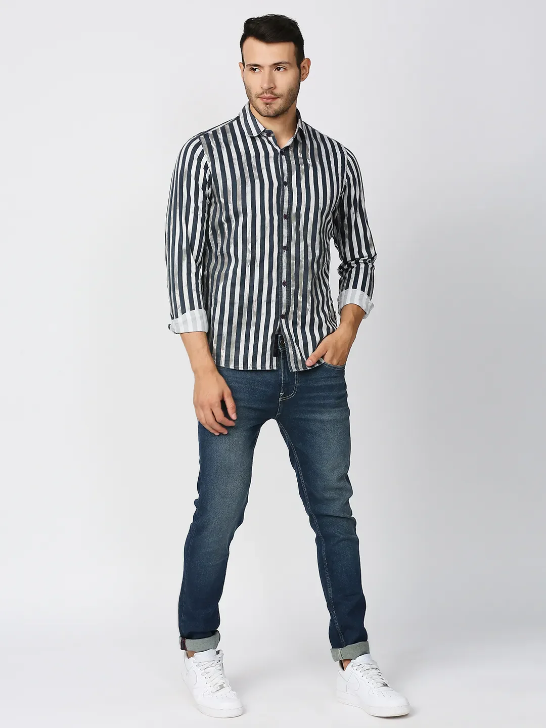 Black Slim Straight Fit Regular Collar Long Sleeves Men's Shirt by Being Human Clothing - Image 5