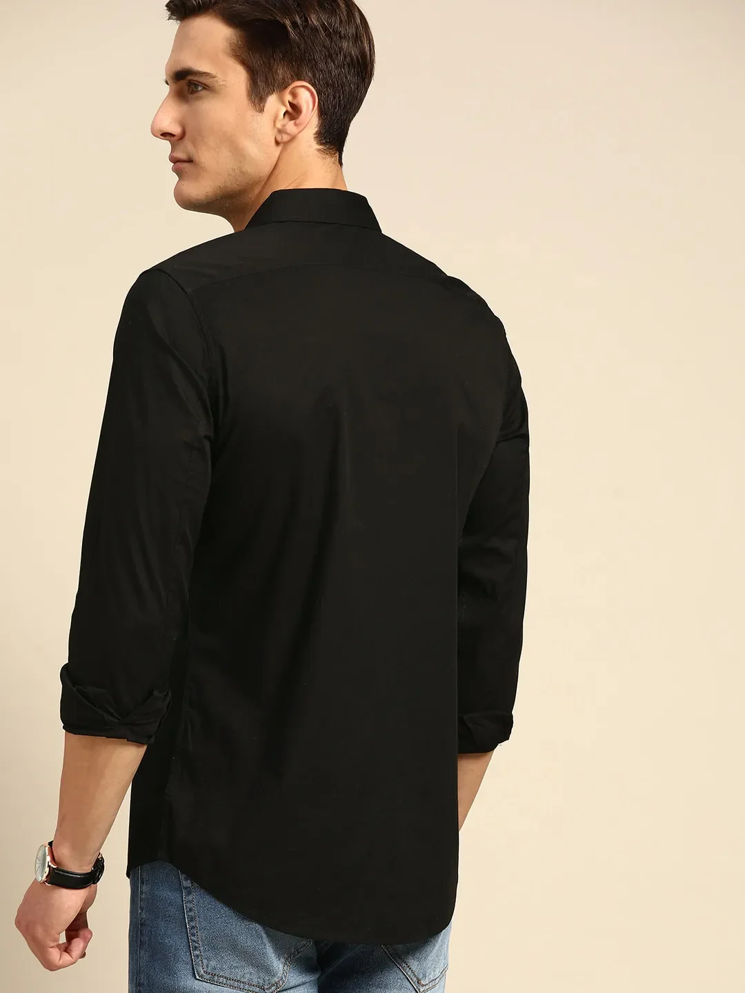 Black Slim Straight Fit Regular Collar Long Sleeves Cotton Men's Shirt by Being Human Clothing - Image 3