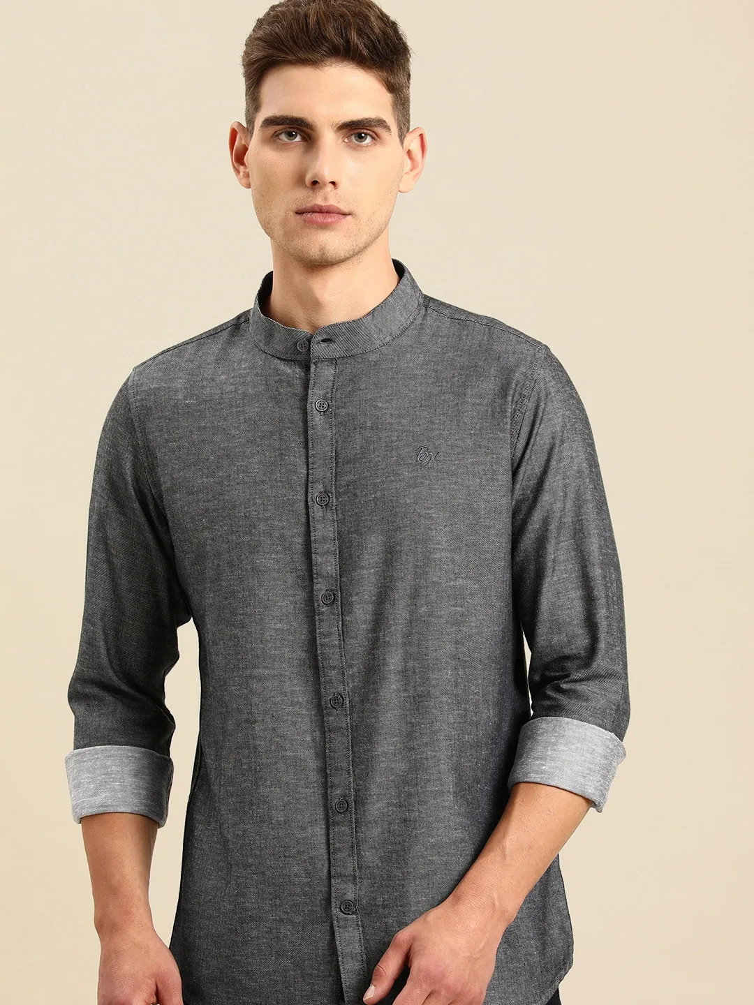 Black Slim Straight Fit Mandarin Collar Long Sleeves Cotton Men's Shirt by Being Human Clothing
