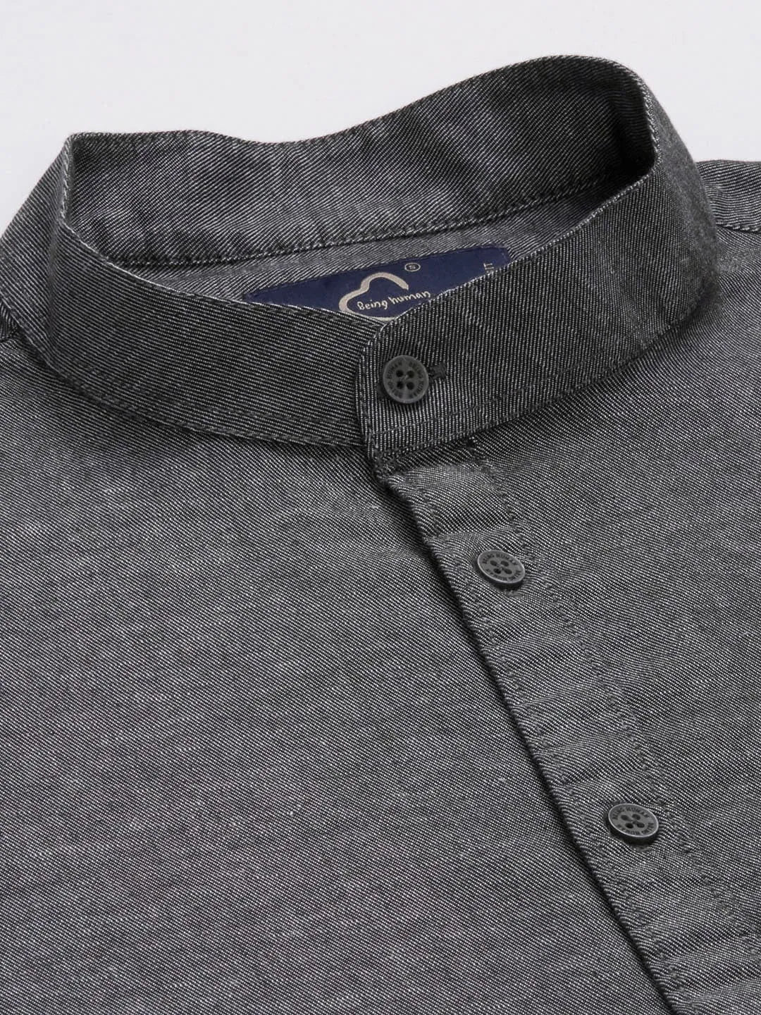 Black Slim Straight Fit Mandarin Collar Long Sleeves Cotton Men's Shirt by Being Human Clothing - Image 4