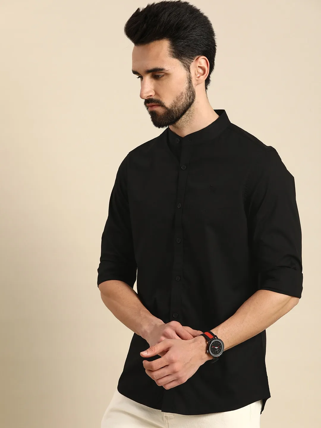 Black Super Slim Fit Mandarin Collar Long Sleeves Men's Shirt by Being Human Clothing - Image 2