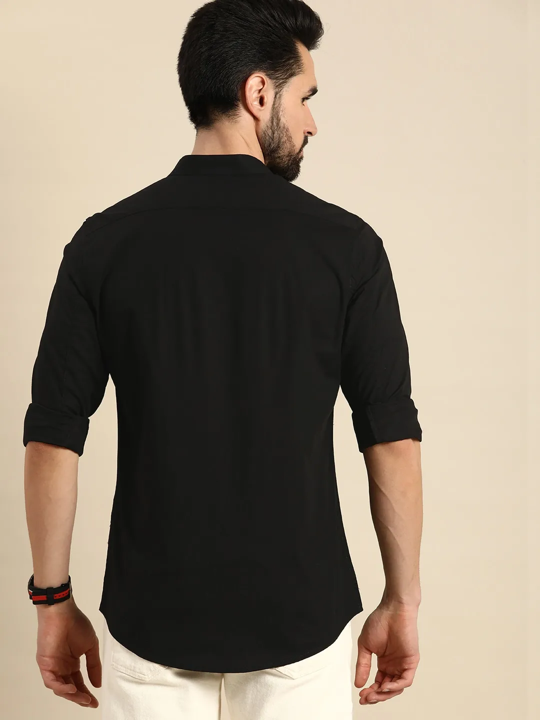 Black Super Slim Fit Mandarin Collar Long Sleeves Men's Shirt by Being Human Clothing - Image 3