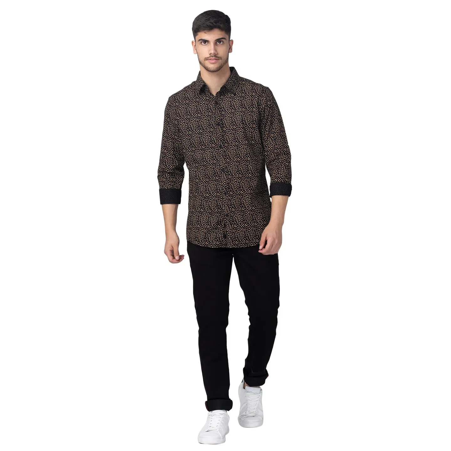 Black Slim Straight Fit Regular Collar Long Sleeves Cotton Men's Shirt by Being Human Clothing - Image 5
