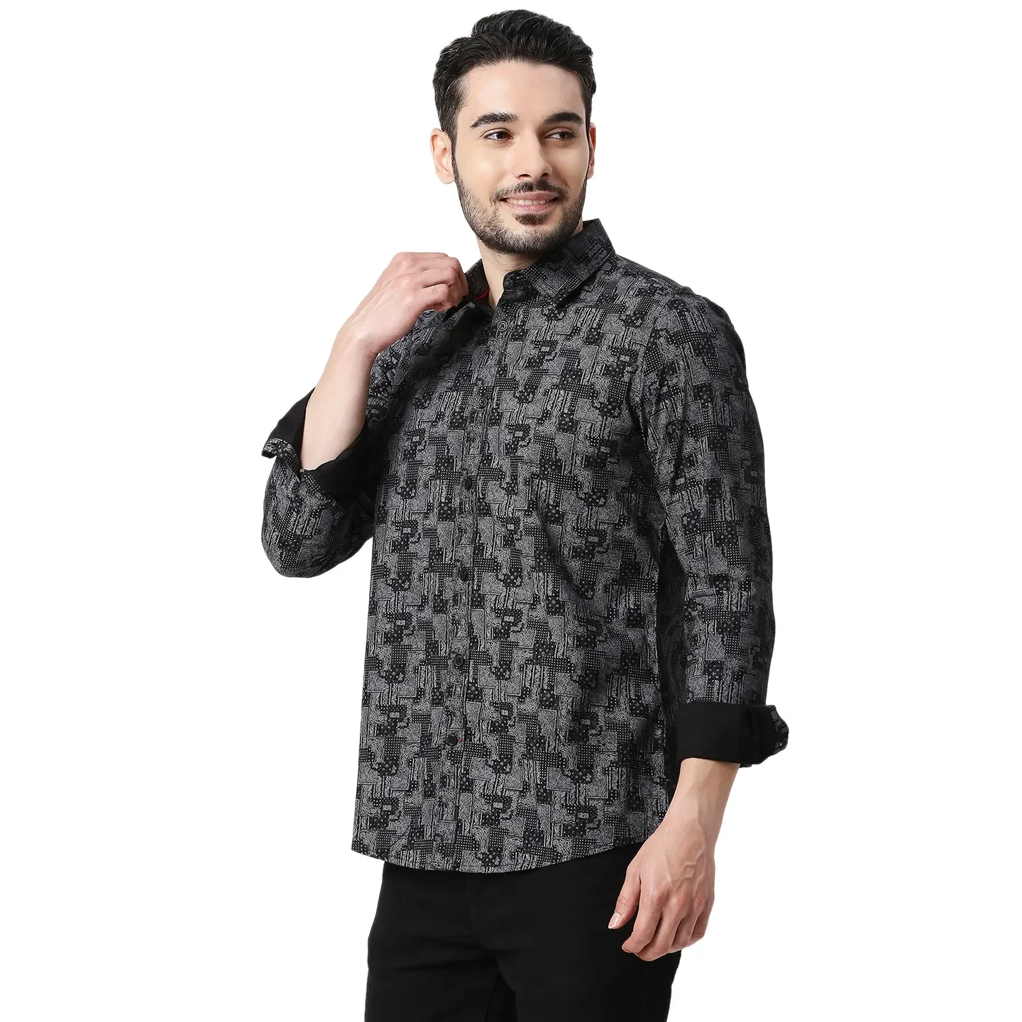 Black Slim Straight Fit Regular Collar Long Sleeves Cotton Men's Shirt by Being Human Clothing - Image 2