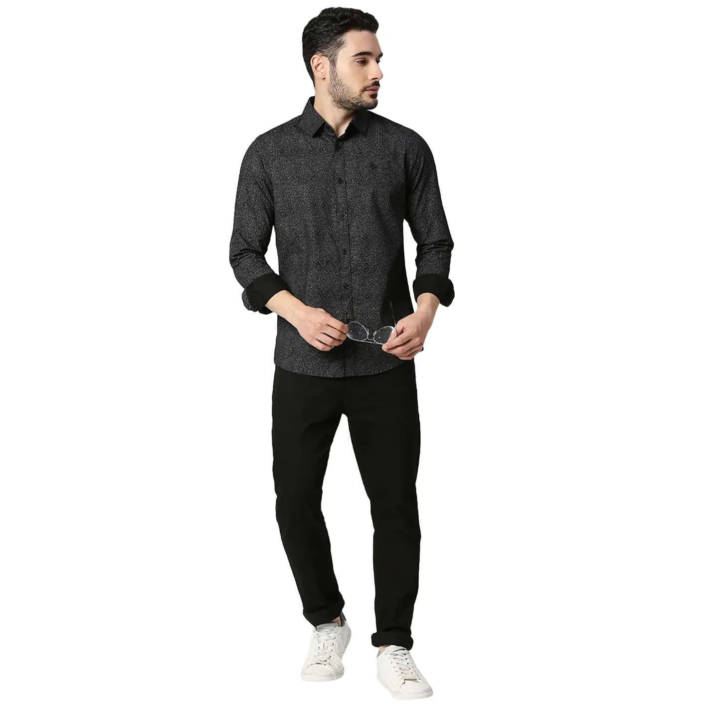 Black Slim Straight Fit Regular Collar Long Sleeves Cotton Men's Shirt by Being Human Clothing - Image 5