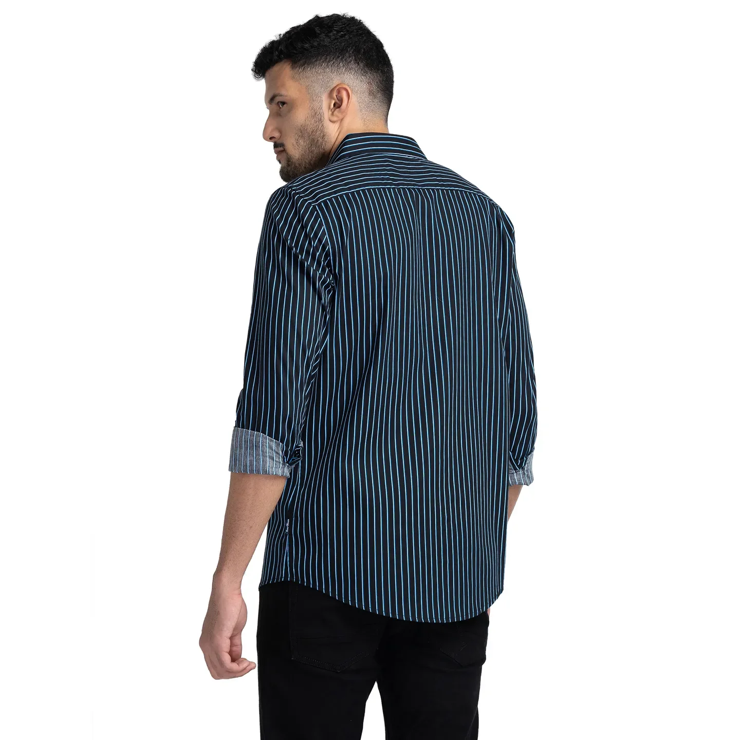 Black Slim Straight Fit Regular Collar Long Sleeves Cotton Men's Shirt by Being Human Clothing - Image 3