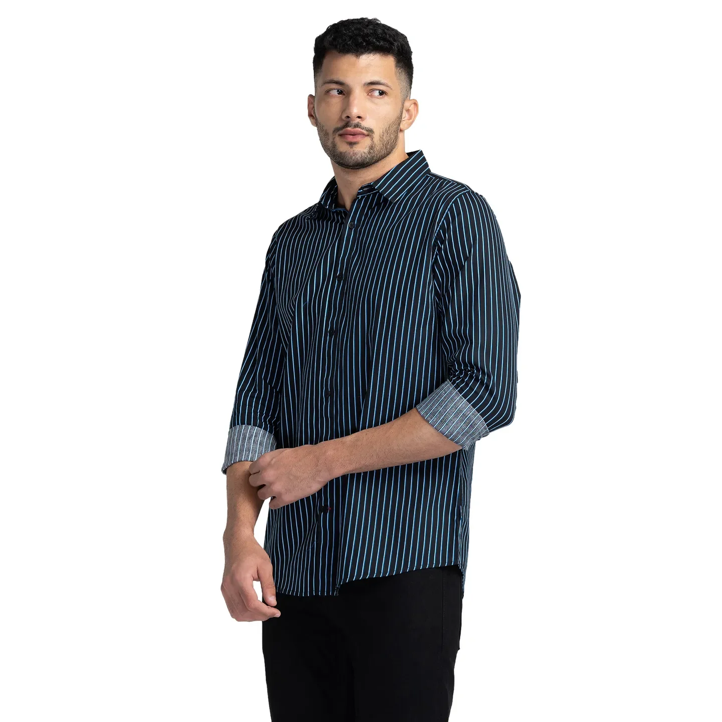 Black Slim Straight Fit Regular Collar Long Sleeves Cotton Men's Shirt by Being Human Clothing - Image 4