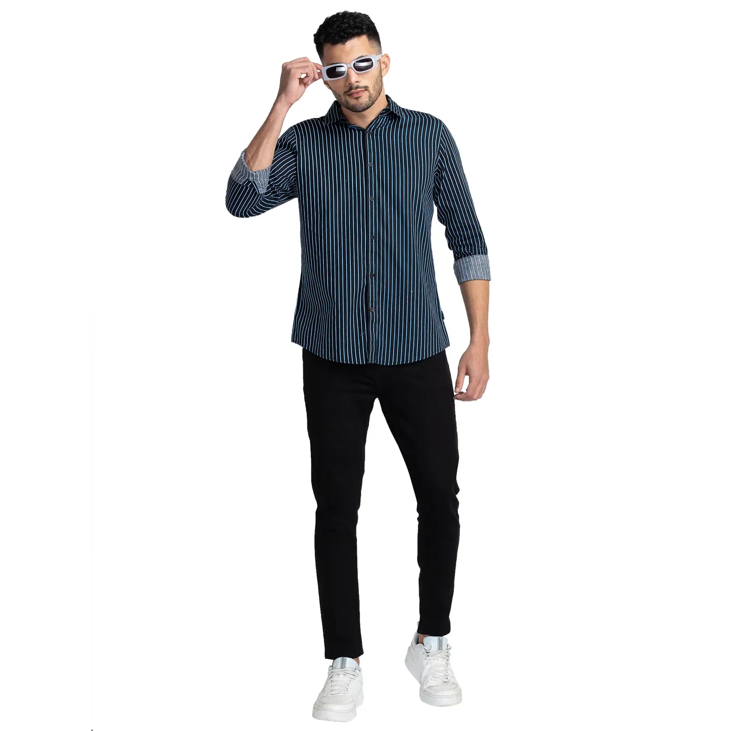 Black Slim Straight Fit Regular Collar Long Sleeves Cotton Men's Shirt by Being Human Clothing - Image 6