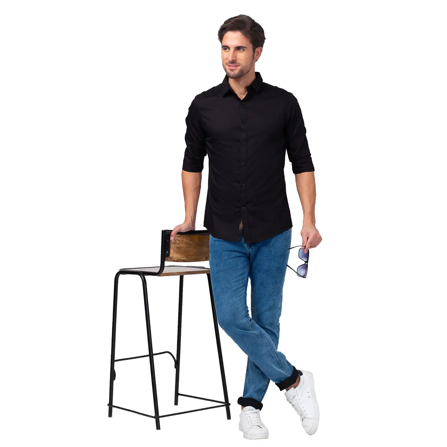 Black Slim Straight Fit Regular Collar Long Sleeves Men's Shirt by Being Human Clothing - Image 6