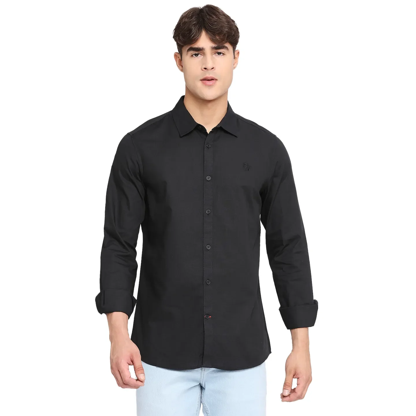 Black Slim Straight Fit Regular Collar Long Sleeves Cotton Men's Shirt by Being Human Clothing