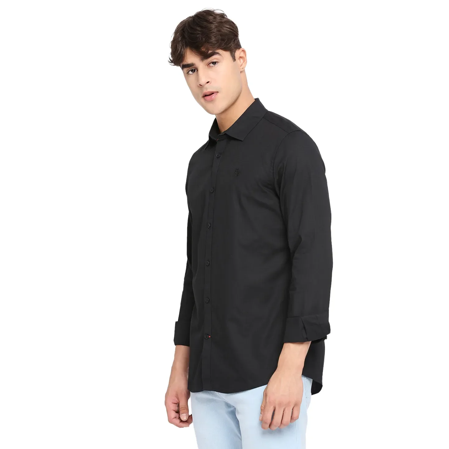 Black Slim Straight Fit Regular Collar Long Sleeves Cotton Men's Shirt by Being Human Clothing - Image 2