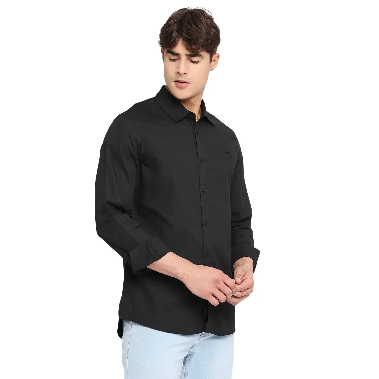 Black Slim Straight Fit Regular Collar Long Sleeves Cotton Men's Shirt by Being Human Clothing - Image 3