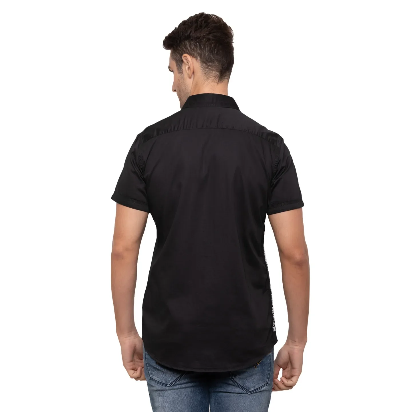 Black Slim Straight Fit Regular Collar Short Sleeves Cotton Men's Shirt by Being Human Clothing - Image 3