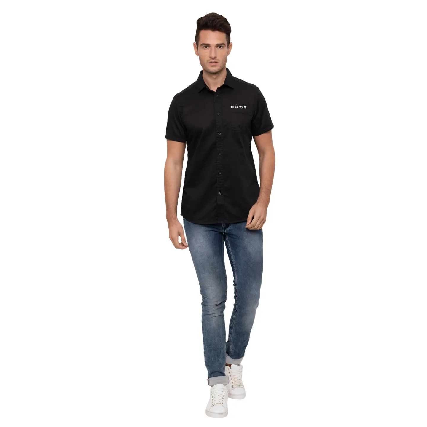 Black Slim Straight Fit Regular Collar Short Sleeves Cotton Men's Shirt by Being Human Clothing - Image 5