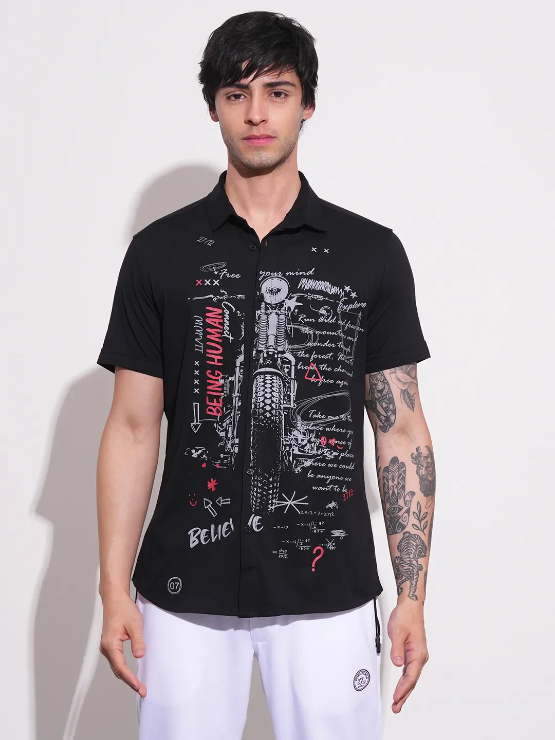 Black Slim Straight Fit Regular Collar Short Sleeves Cotton Men's Shirt by Being Human Clothing