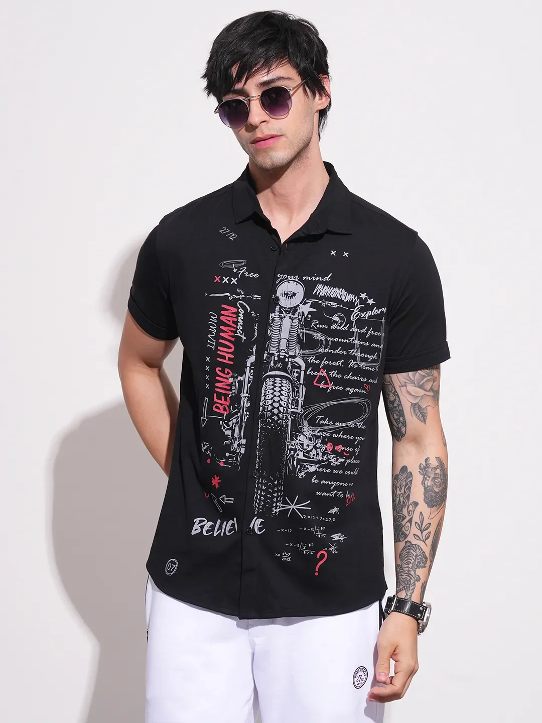 Black Slim Straight Fit Regular Collar Short Sleeves Cotton Men's Shirt by Being Human Clothing - Image 6