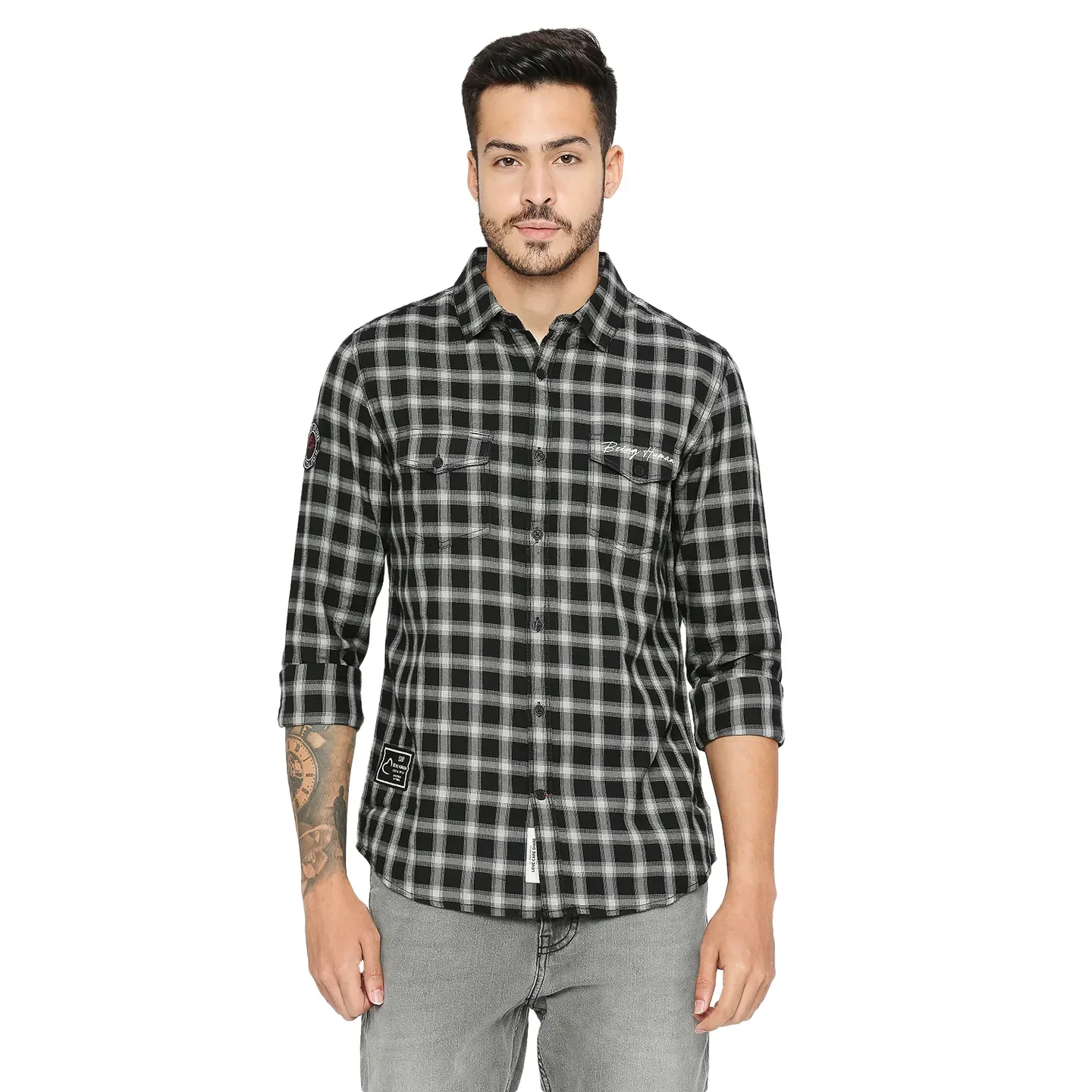 Black Slim Straight Fit Regular Collar Short Sleeves Cotton Men's Shirt by Being Human Clothing
