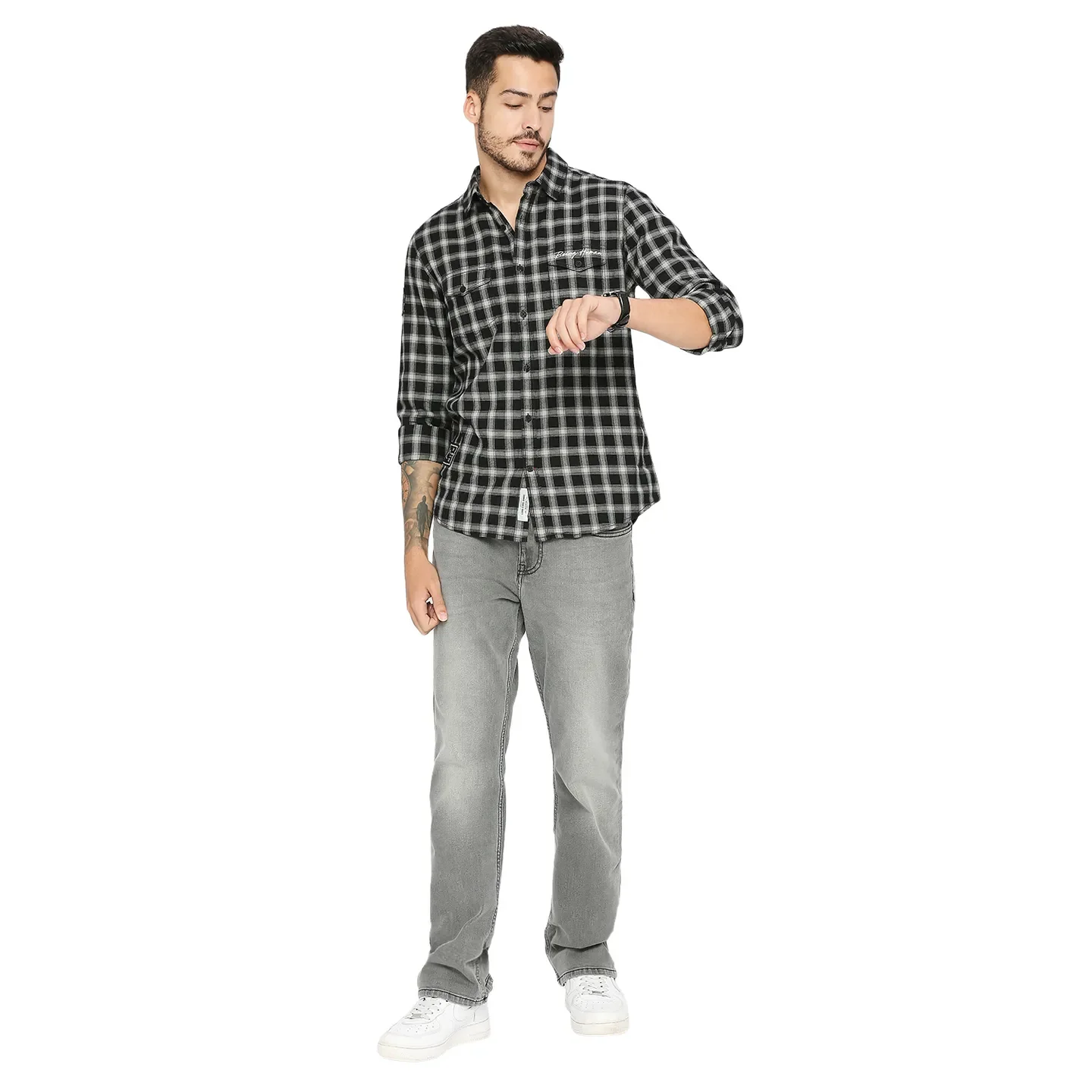 Black Slim Straight Fit Regular Collar Short Sleeves Cotton Men's Shirt by Being Human Clothing - Image 6