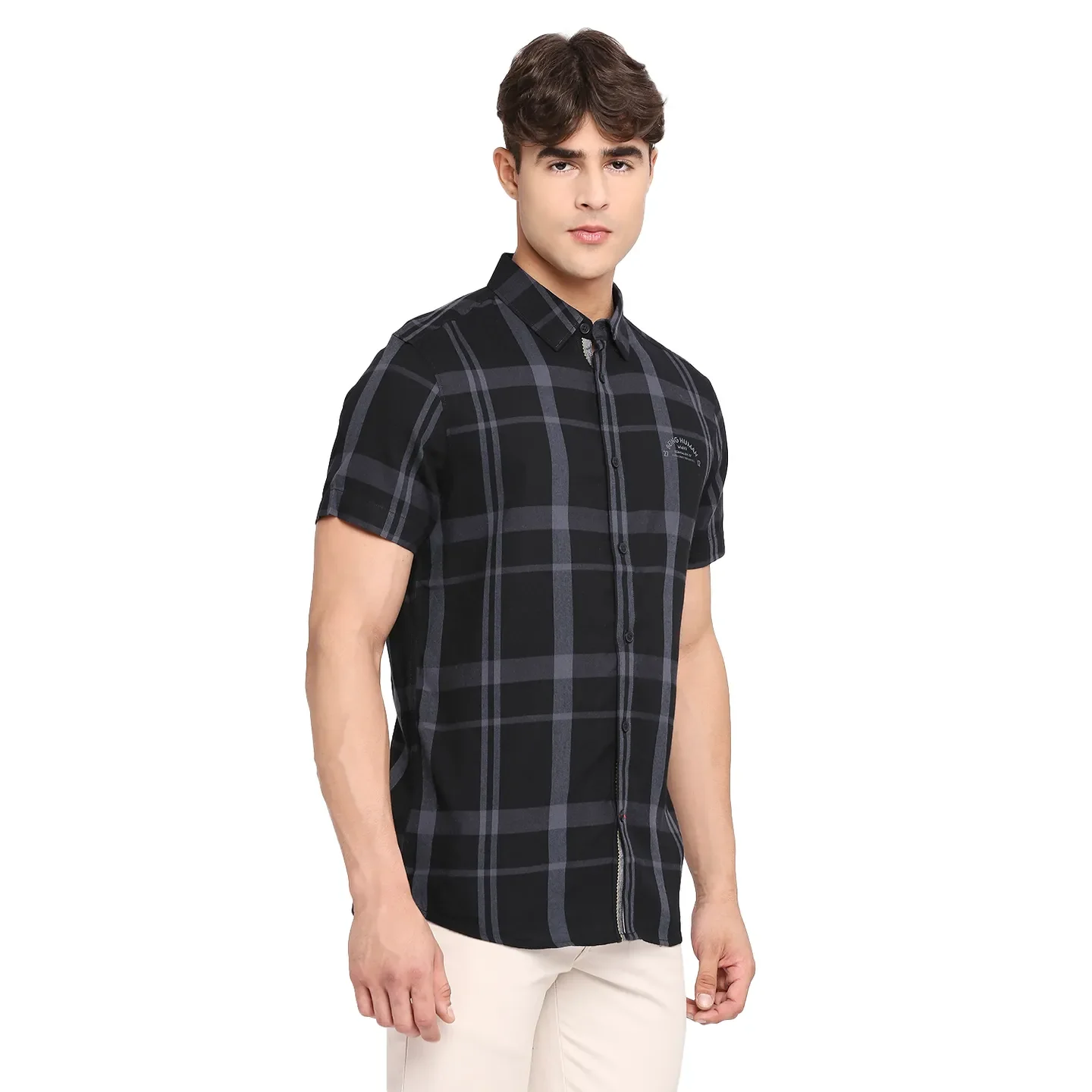 Black Slim Straight Fit Regular Collar Short Sleeves Cotton Men's Shirt by Being Human Clothing - Image 3