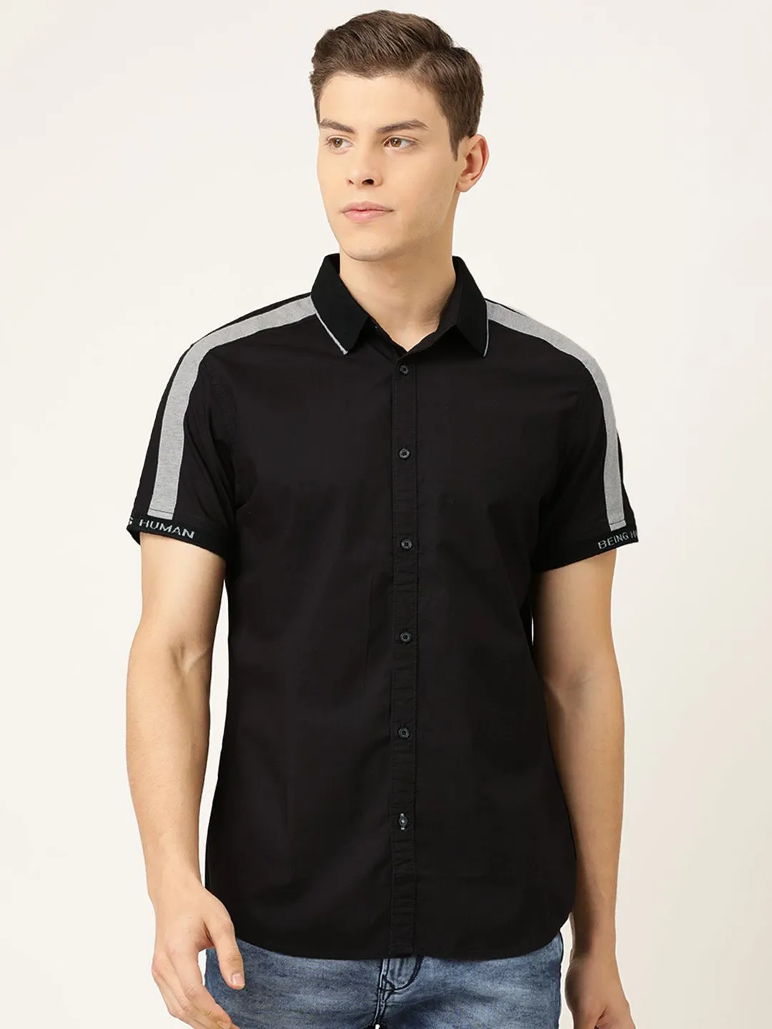 Black Regular Fit Regular Collar Short Sleeves Cotton Men's Shirt by Being Human Clothing