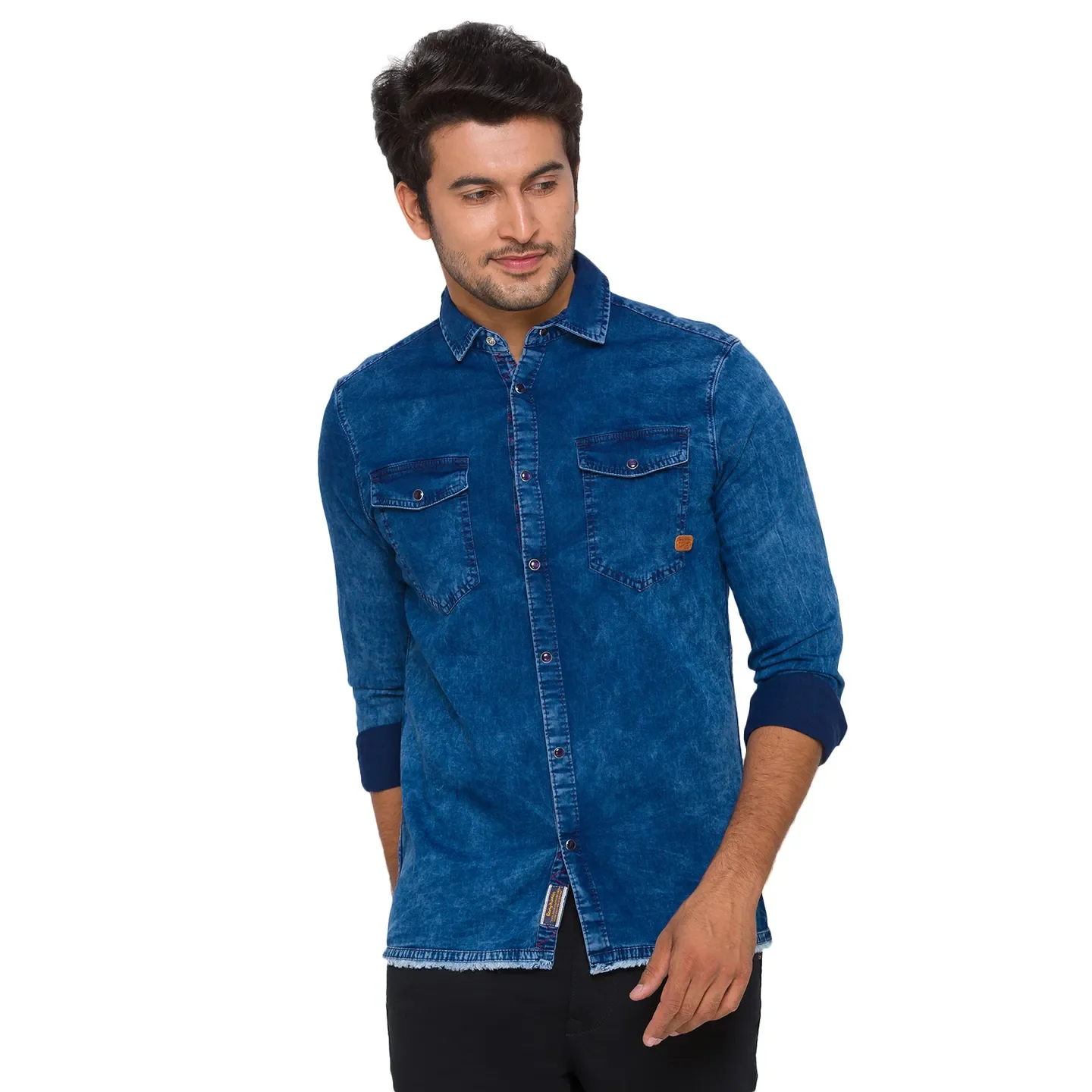 Blue Slim Straight Fit Regular Collar Long Sleeves Cotton Men's Shirt by Being Human Clothing