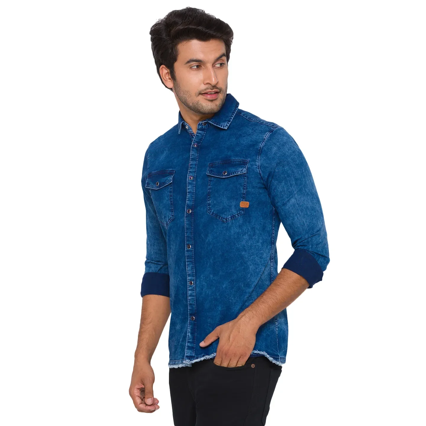 Blue Slim Straight Fit Regular Collar Long Sleeves Cotton Men's Shirt by Being Human Clothing - Image 2
