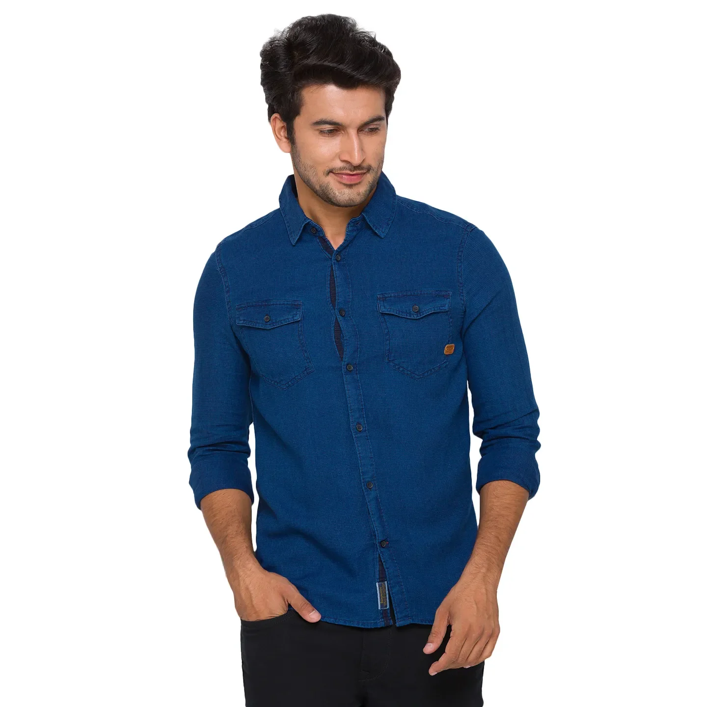 Blue Slim Straight Fit Regular Collar Long Sleeves Cotton Men's Shirt by Being Human Clothing